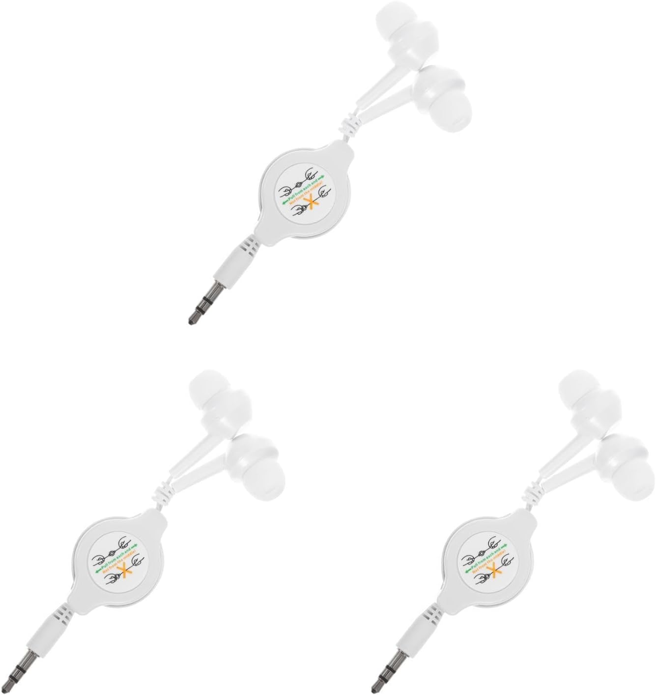 Mikikit 3 Pack Retractable Earbuds: Tangle-Free Wired in-Ear Earphones with 3.5mm Jack, Portable Stereo Headphones for Travel School Tablets, White