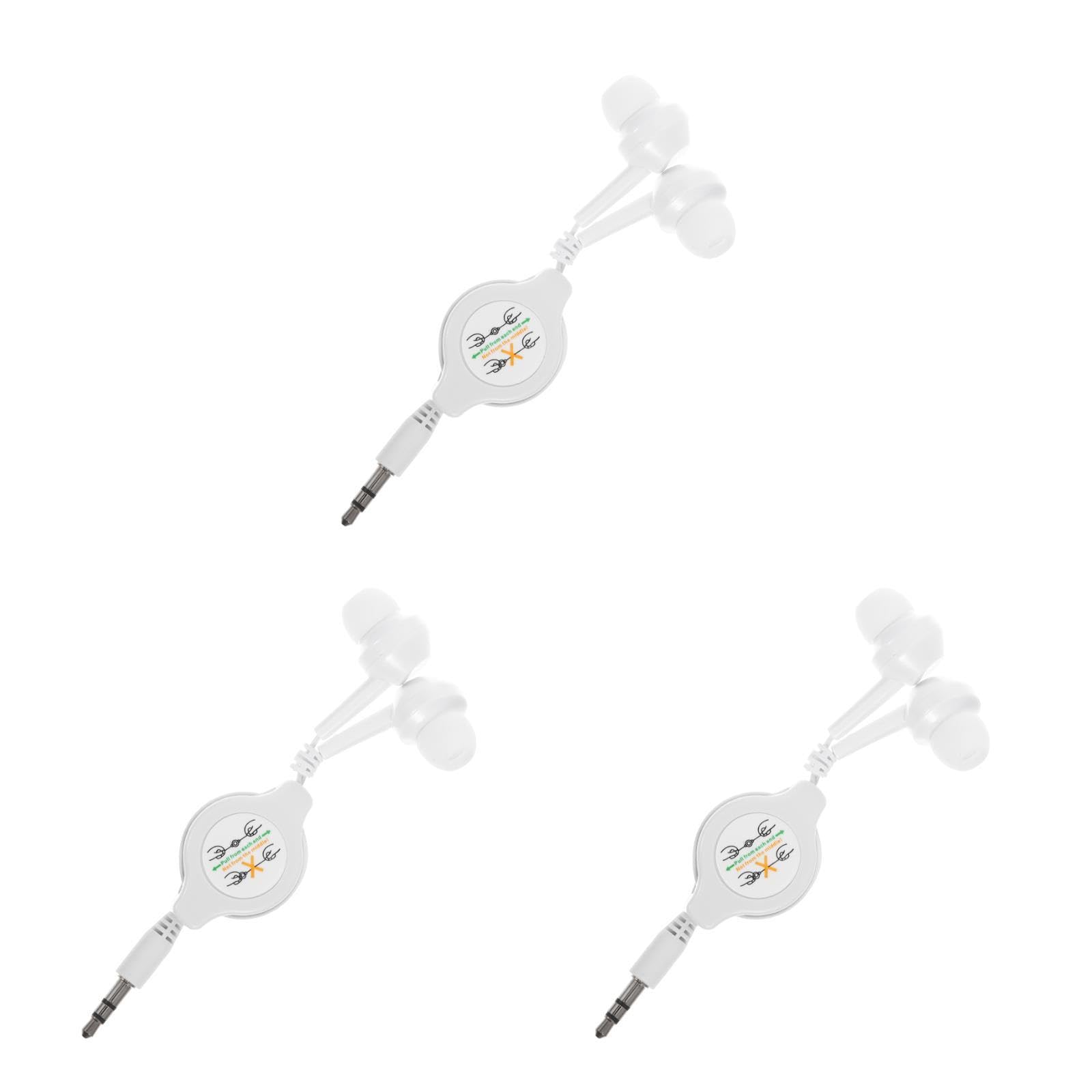 Mikikit Retractable Earbuds, 3pcs Wired Retractable Earphone Stereo in-Ear Earbuds 3.5mm Jack Earphones Wired Headphones for Cell Phones Tablets MP3, White