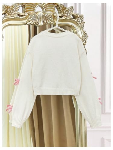 SHENHE Girl's Cute Bow Cardigan Sweater Button Down V Neck Loose Soft Knit Cropped Cardigan2
