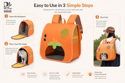 Image of PetVogue Cat Carrier Backpack for Cats & Small Pets, Breathable Pet Travel Backpack with Transparent Window, Ventilated Mesh, Adjustable Shoulder Straps, Soft-Sided Portable Pet Carrier Bag (Orange)