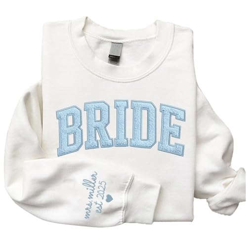 GODMERCH Personalized Embroidered Bride Chenille Patch Sweatshirt, Engagement Gift, Future Mrs Sweatshirt, Bride To Be Gift, New Mrs, Fiancee Gift, Newly Engaged, Honeymoon Sweat, Wedding Gifts