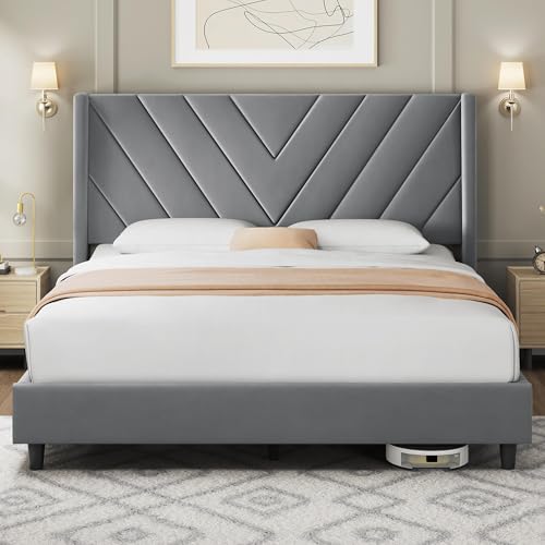 Image of Yaheetech Queen Bed Frame Upholstered Platform Bed /Wooden Slat Support /Tufted Headboard with Wing Side /Mattress Foundation /No Box Spring Needed,Light Grey Queen