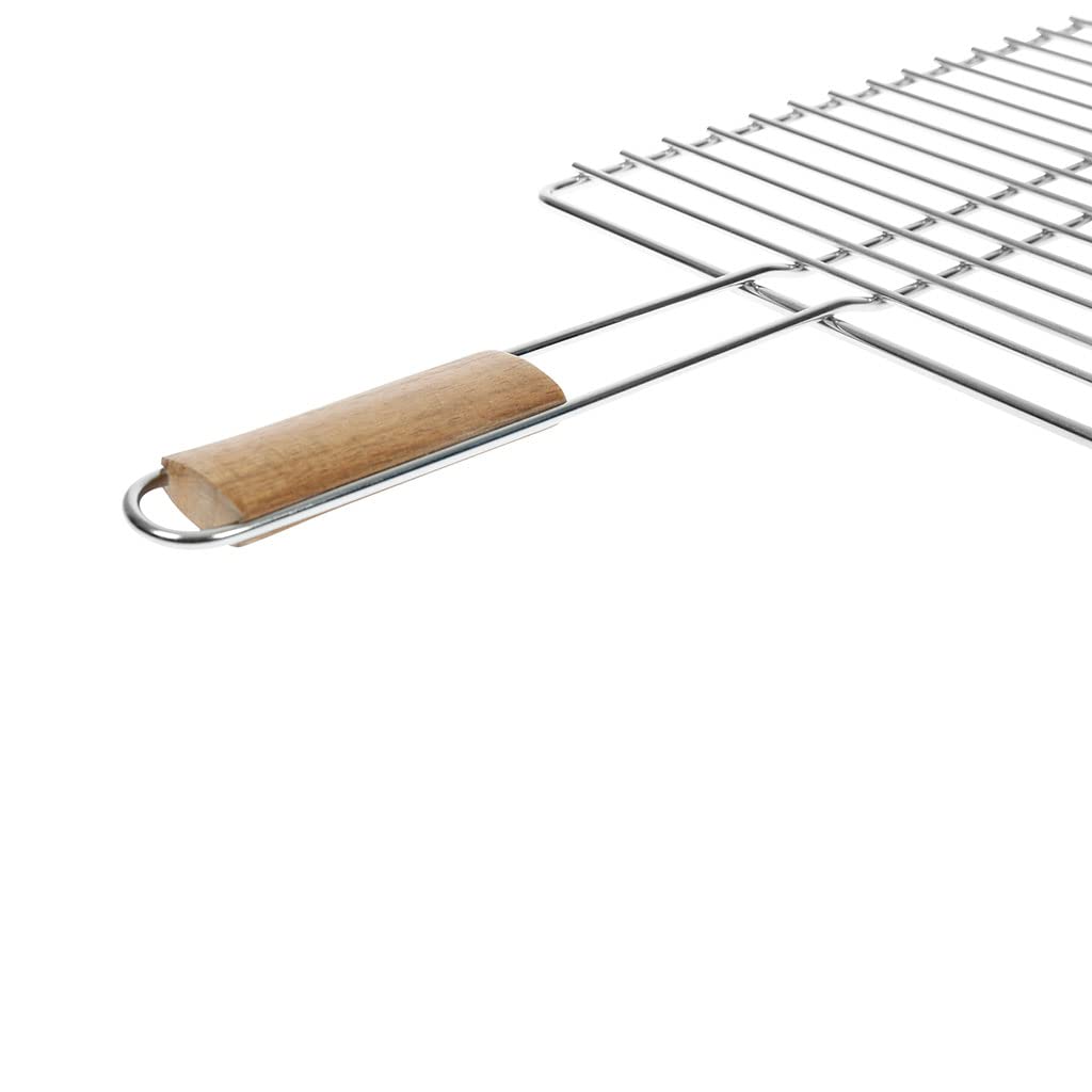 RUECAB - Griglia per barbecue in acciaio cromato rettangolare, dimensioni: 68 x 40 cm - Maniglie in legno