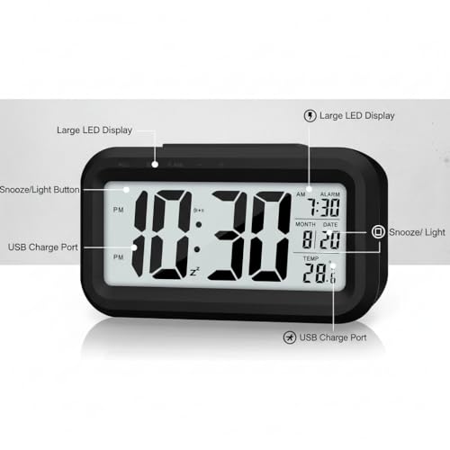 Image of Digital Alarm Clock with Auto Sensor LED Display with Date & Temperature Compact Bedside Table Clock for Bedroom, Students, Office & Home Decor (Black)
