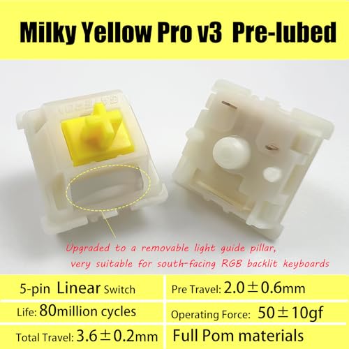 Image of Gateron Milky Yellow Pro V3 Keyboard Switches,Pre-lubed 5-Pin Linear Switches with Light Guide Pole for MX Mechanical Gaming Keyboard(Milky Yellow Pro V3,10Pcs)