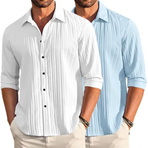Image of FINIVO FASHION Men's Cotton Blend Shirt Set Lightweight, Full Sleeves, Plain Texture, Button Closure, Summer Ready (Pack of 2)
