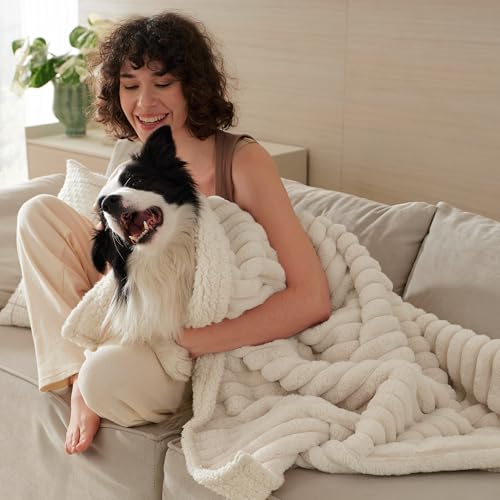 Bedsure ComfyFleece™ Waterproof Dog Blankets for Large Dogs - Soft Pet Cat Blanket Corduroy Fleece for Couch Bed Protector Washable, Cozy Calming Reversible Furniture Protection,50"x60", Cream by Bedsure - Image 2