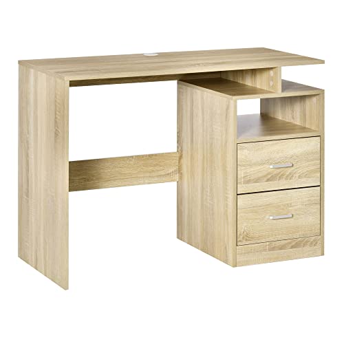 HOMCOM Bureau Informatique 2 tiroirs coulissants 3 étagères dim. 108L x 48l x 76H cm Panneaux Particules MDF Aspect chêne Clair