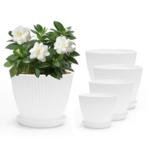 Lusibaka 4er Blumentöpfe Pflanzentöpfe mit Abflusslöchern Untersetzern (19/17/15/13cm) Pflanzengefäße Gefäßzubehör Töpfe Set Moderne Blumentöpfe in Pastellfarben für Zimmerpflanzen (Weiß)