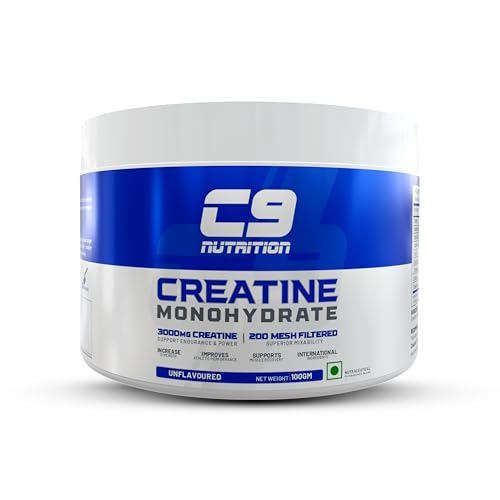 Image of C9 Nutrition Creatine Monohydrate 100g | 3000mg Pure Creatine | 200 Mesh Micronized Powder | Unflavoured | Boosts Strength, Endurance & Muscle Recovery | 33 Servings (100gm, Unflavoured)