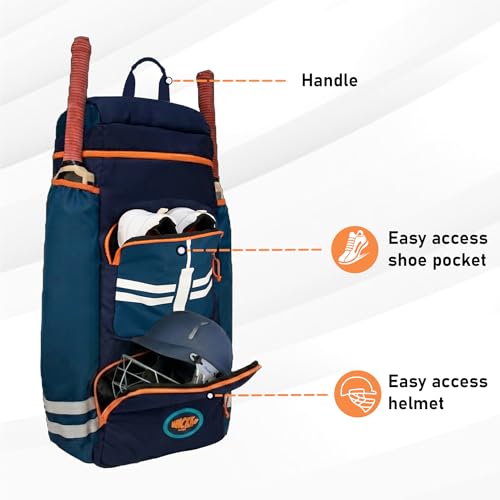 Image of WHACKK Warne 81L Cricket Kit Bag Backpack|Spacious Compartment with Dual Bat, Shoe /Helmet Pockets|Lightweight & Durable Sports kit Bag Navy Orange