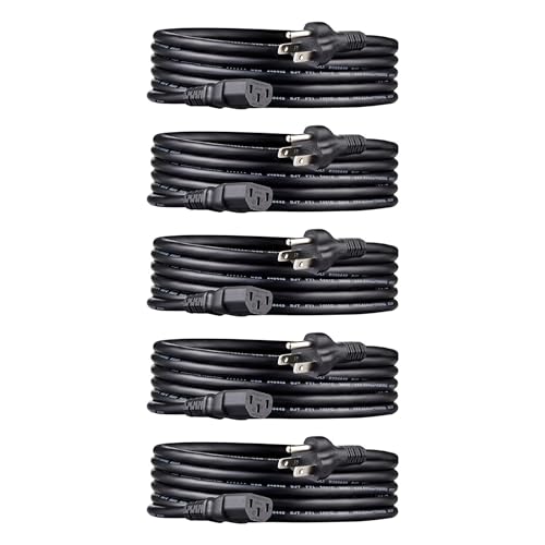 Image of Amazon Basics PC Power Cord, 10 feet, Compatible with Monitor, Computer, TV, 3 Prong, 18 AWG, 125 Volts, Black, 5-Pack