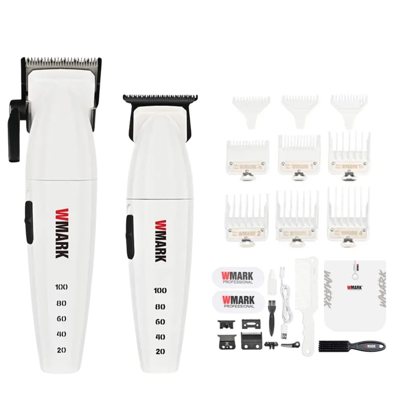 Image of WMARK Ng-8632 Kit Hair Clipper 9000RPM & 9000RPM Hair Trimmer Metal Boday 2 Speed Setting Magnetic Motor 9 Guide Comb Taper Lever Adjustments Runtime 180 & 240 Min, Model 7, White