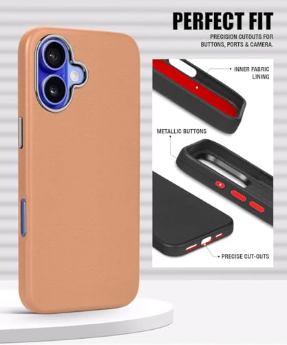Image of WOW IMAGINE Back Cover for iPhone 16 | Shockproof Tough Leather Texture Hard Mobile Case | Ultra Slim Non-Slip Grip | Inner Velvet Fabric | Metal Camera Ring - Tan Brown
