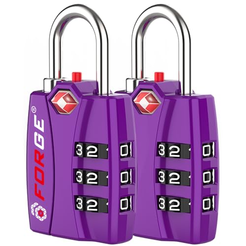 Image of Forge Open Alert TSA Approved Luggage Locks - 3 Digit Combination, Easy Read Dials, Zinc Alloy Body (Purple 2 Locks)