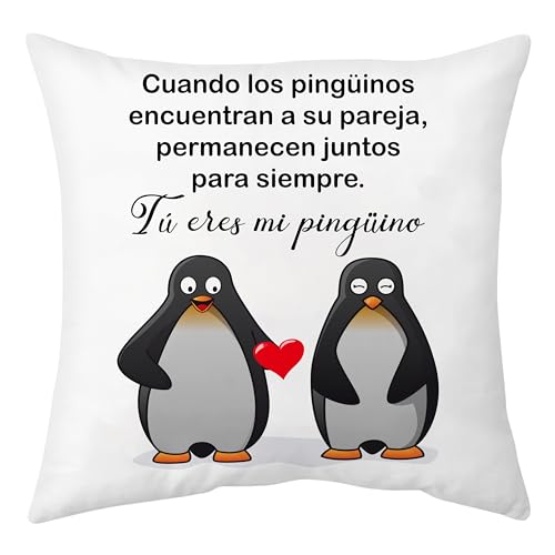 Rebundex Pinguino Regalos para Parejas Regalo Aniversario Pareja Regalo Novio Regalo Novia, Regalos Originales para Mujer Hombre Regalo Cumpleaños Navidad Dia de San Valentín, Funda Cojin 45 x 45
