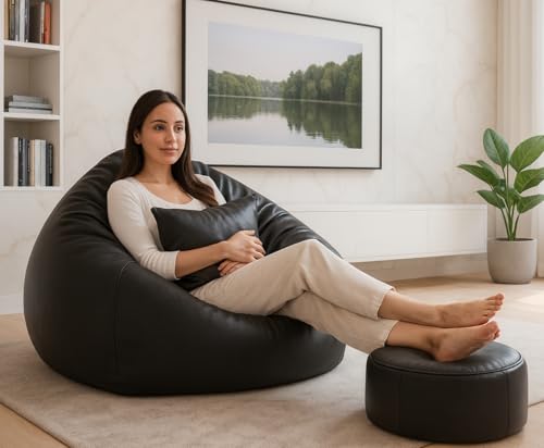 Image of Sattva 6XL Sofa Bean Bags with Beans Filled, Faux Leather Combo Bean Bag with Footstool & Cushion for Adults & Teens, Large Bean Bag Sofa Chair for Home Bedroom, Living Room (Black)