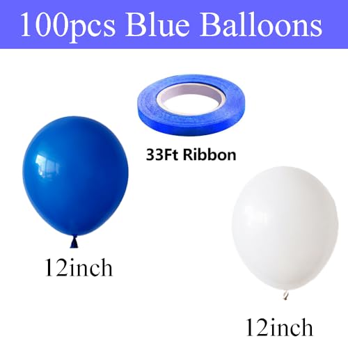 Image of 100pcs Royal Blue and White Balloons 12 Inch w /Ribbon for Party Decorations | GBSAWER Blue and White Balloons for Birthday Graduation Anniversary Wedding Bridal Shower Celebration Party
