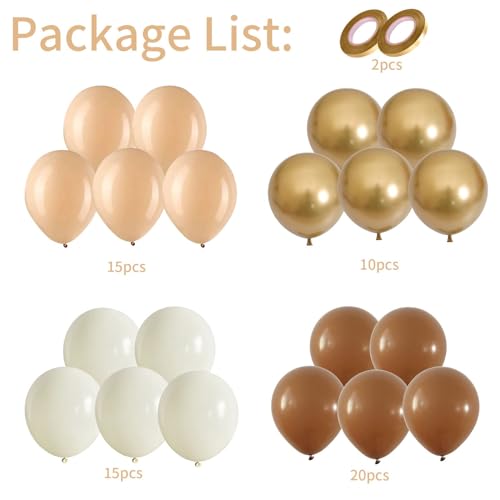 Image of Balloons Brown and Gold, 60 Packs 12 Inch Retro Brown Cream Beige Balloon Sand White Neutral Balloons Metallic Gold Balloon for Bear Birthday Baby Shower Boho Wedding Decorations