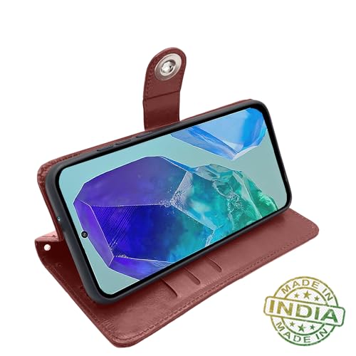 Image of Pikkme Flip Cover Leather Finish | Inside TPU with Card Pockets | Wallet Stand and Shock Proof | Complete Protection Button Flip Case for Samsung Galaxy M55 5G / M55s 5G / F55 5G (Brown)