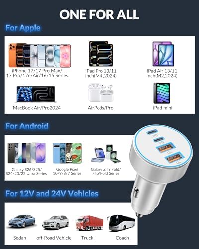 iPhone 17 16 15 Car Charger Fast Charging, 90W 4Port USB C Fast Car Charger - 4
