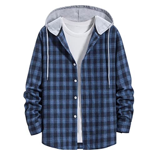 Men Long Sleeve Quilted Lined Flannel Shirt Jacket with Hood Button-Down Flannel Plaid Shirt Hoodie Lightweight Jacket