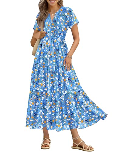 YESNO Women's Casual Floral Maxi Dresses Summer Split V Neck Short Sleeve Boho Beach Swing Dress...