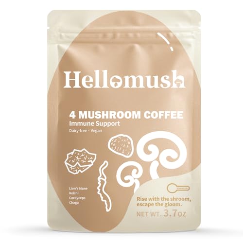 Hellomush Organic Instant Mushroom Coffee with Lions Mane, Reishi, Chaga and Cordyceps Coffee 30 Servings 3.7 oz
