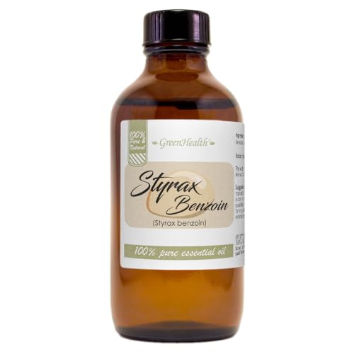 GreenHealth Styrax Benzoin Oil 100% Pure Aromatherapy Grade 4 fl oz Thick Resinous Oil for Diffusers Candles Incense DIY Blends Amber Glass Bottle