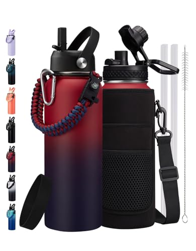Image of 40 oz Insulated Water Bottle, (Cold for 48H), Leak Proof Food-Grade Stainless Steel Water Jug With Straw Lid and Atuo Spout Lid, Portable Paracord Handle & Carrier Bag