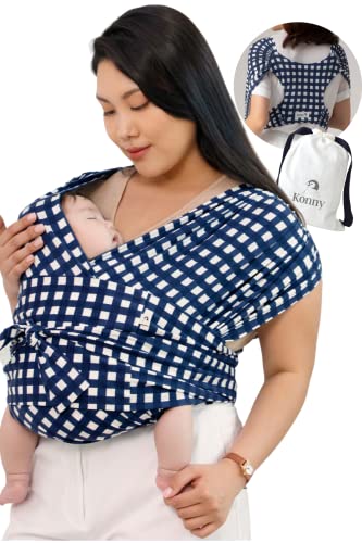 Image of Konny Baby Carrier Elastech Luxury Carrier Wrap, Easy to Wear Baby Wrap Carrier, Perfect Essentials Cloths for Newborn Babies up to 44 lbs, (Navy Gingham, XS)