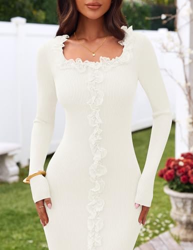 MEROKEETY Women's Fall Long Sleeve Sweater Dress 2025 Bodycon Square Neck Ruffle Ribbed Knit Midi Dresses4