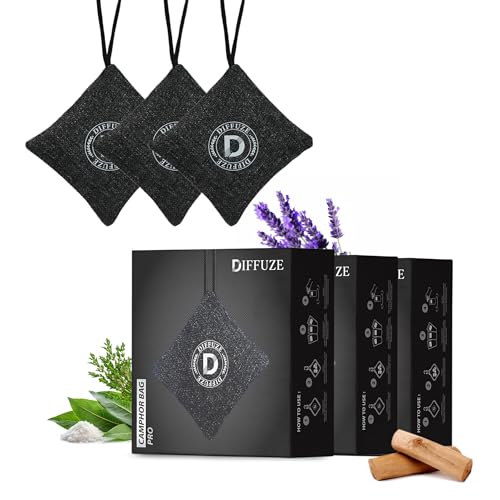 Image of DIFFUZE Camphor Bag Air Freshener (Pack of 3) | Natural Jute Bags with Herbs, Lavender, Sandalwood & Charcoal | Long-Lasting Freshener for Car, Wardrobe, Kitchen & Travel