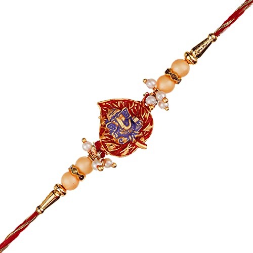 Image of eCraftIndia Golden, Red & Purple Lord Ganesha On Leaf Religious Rakhi, Wooden Cutout with Roli Chawal Pack - Rakhi for Brother, Bhaiya, Bhai