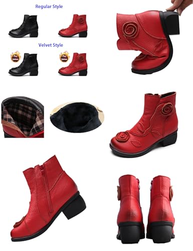 MOYOWEI Women's Handmade Sunflower Dress Leather Booties,Comfy Fall/Winter Non-slip Block Heels Zip Casual Short Ankle Boots2