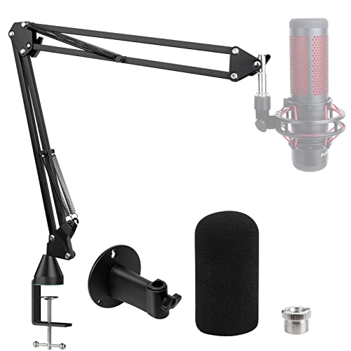 SUNMON Boom Arm for HyperX QuadCast with Pop Filter - Wall Mount Boom Arm and C Desk Clamp, Scissor Mic Stand Compatible with HyperX QuadCast S, Microphone Brazo with Foam Windscreen Cover