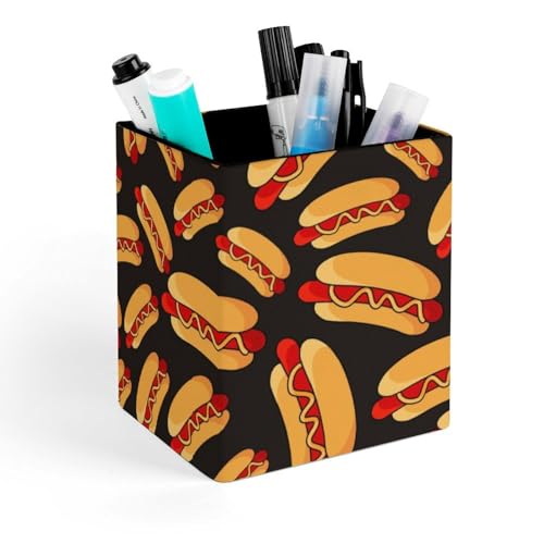 OPOZSDF Pu Leather Pencil Cup, Compatible with Fun Food Hotdog Hot Dogs Pencil Pen Holder Desktop Makeup Brush Holder Desk Accessory Storage Office Supplies