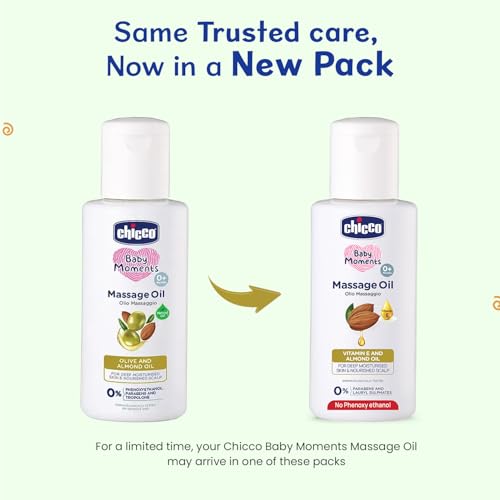 Image of Chicco Baby Moments Massage Oil, New Advanced Non-sticky & Moisturizing Formula with Natural Ingredients to Prevent Dryness, Suitable for Baby's Skin, Hair & Scalp, No Phenoxyethanol & Parabens (100ml)