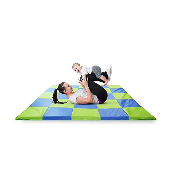 Tapete-Set für Babys Mädchen Kinder und ihre Eltern mit viskoelastischer Schaum – Play Mat quadratisch Polsterung für den Boden 148 x 148 cm – blau und grün – Bild 10