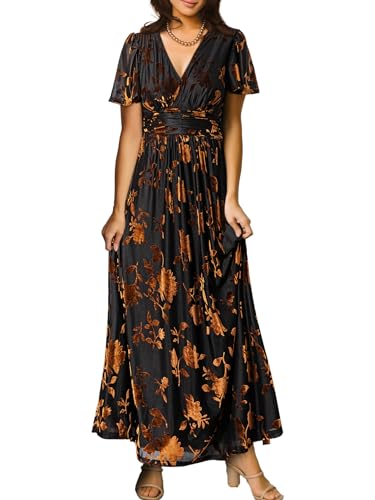 Simplee Women's Fall Wedding Guest Velvet Maxi Dress Burnout Floral Empire Waist V Neck Short Sleeve Long Formal Dress (Brown Floral M)