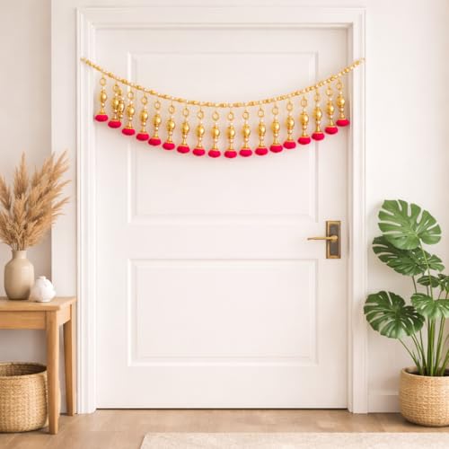 Image of Rajasthan Kraft Handcrafted Door Toran with Gota Ball, Beads & Mirror (40 Inch) - Adds Festive Charm to Your Home, Perfect for Home & Festive Decor and Housewarming Gifts (T0034)