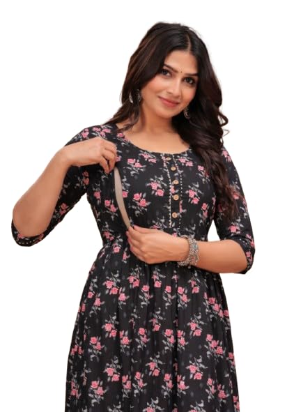 The Moon Star Women’s Cotton Floral Printed Maternity Kurti | Breastfeeding Dress for Mothers | Zipper Feeding Kurti,Nursing Kurti, Comfortable and Trendy Maternity Wear