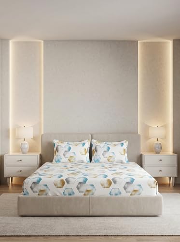 Image of DDECOR Live Beautiful 100% Cotton 145TC Geometric King Bedsheet with 2 Pillow Covers | Rotary Printed Breathable Fabric | 224 CM X 254 CM | Luxury Bedding for Home | Cresta Collection | Milky Blue