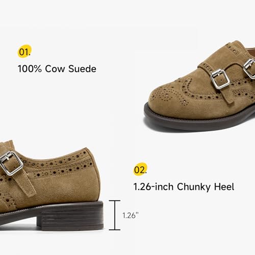 Image of BEAU TODAY Womens Leather Loafers, Monk Platform Loafer Shoes | Cowhide, Brogue Wingtip, Slip-on, Chunky Heel, Comfortable, Non-slip Durable, Business Casual Office Dress Shoes