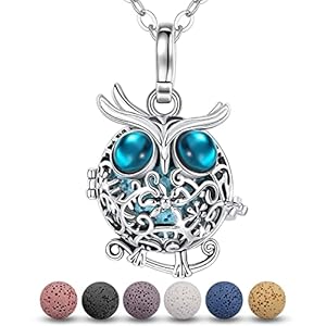 EUDORA Aroma Diffuser Essential Oil Necklace for Women, Owl Aromatherapy Diffuser Necklaces Pendant Lava Stone Ball Locket Jewelry Birthday Gifts for Women Mom Daughter Mama Mother in Law 24″, 7PCS