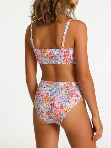 Image of MAKEMECHIC Girl's Ditsy Floral Print 2 Piece Bikini Set Scoop Neck Ruched Triangle Beach Bathing Suit