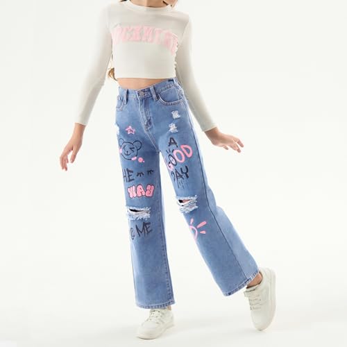 Baggy Jeans for Girls Graphic Prints Ripped Wide Leg Pants Streetwear Adjustable Waist Cute Jeans for Girls Y2K 9-12Y3
