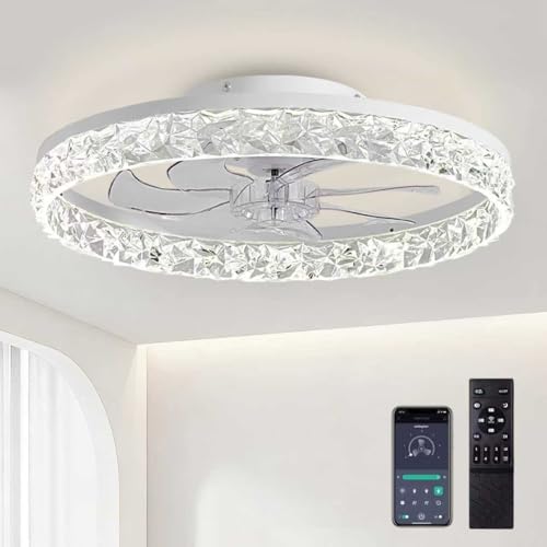 AQUBT Ceiling Fans with Lights and Remote, 19.7' Low Profile Ceiling Fan with Light, 3000-6500K Dimmable，Stepless Color Temperature Change and 6 Speeds for Bedroom, Kids Room and Living Room (White)