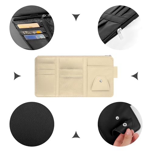 Image of Car Visor Organizer with Sunglass Holder,Multi-Functional Car Sun Visor Organizer with Zipper for Cards,Money,Tickets,Leather Interior Accessories (Beige)