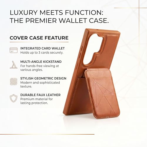Image of amazon basics Premium Vegan Leather Back Cover with Card Holder and Integrated Mobile Stand for Samsung Galaxy S24 Ultra 5G - Slim Shockproof Wallet Case with Geometric Stitching [Tan]